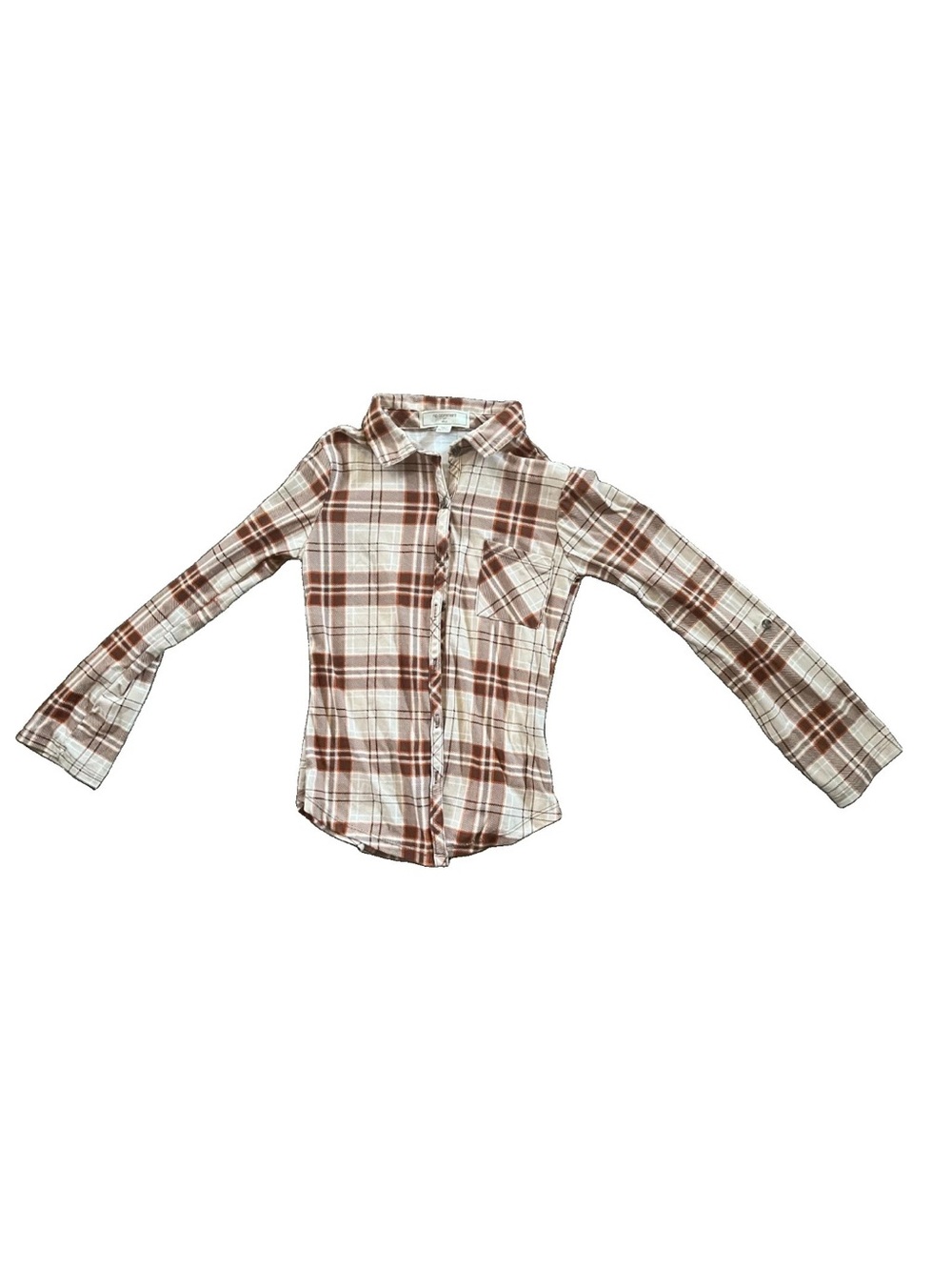 SzM 10/12 No Comment Brown Orange Plaid Button Up Shirt Stretchy /Soft